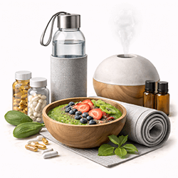 Минималистична иконка с аксесоари за здраве и благополучие – йога постелка, смути в дървена купа, бутилка за вода, витамини и дифузер на бял фон.