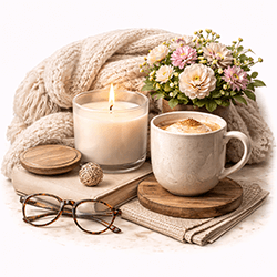 Минималистична иконка за подаръци за дом и уют с плетено одеяло, запалена свещ, чаша кафе, книга и свежи цветя в неутрални топли тонове