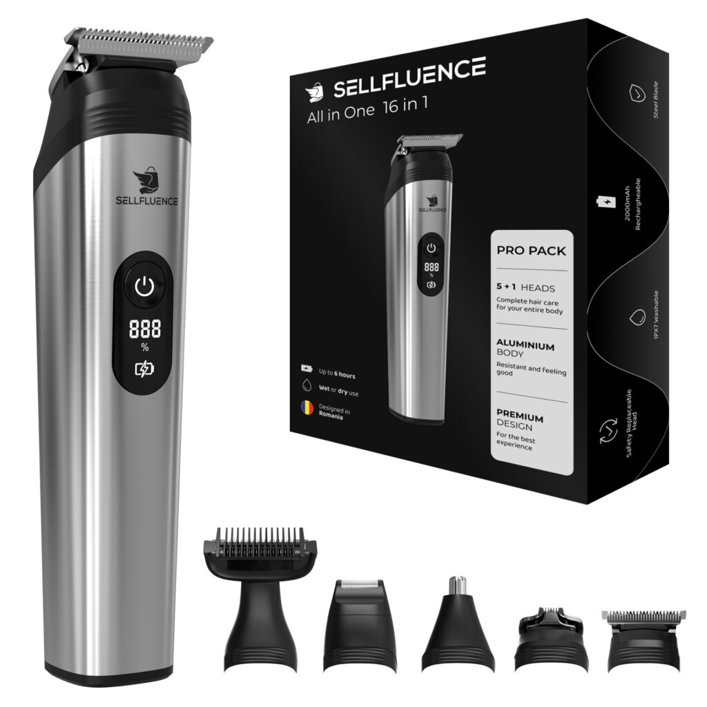 Машинка за подстригване Sellfluence All-in-One 16 в 1, безжична и акумулаторна, професионална машинка за коса и брада, 7000 rpm, 4-8 часа автономност, водоустойчива IPX7, черно/сребристо