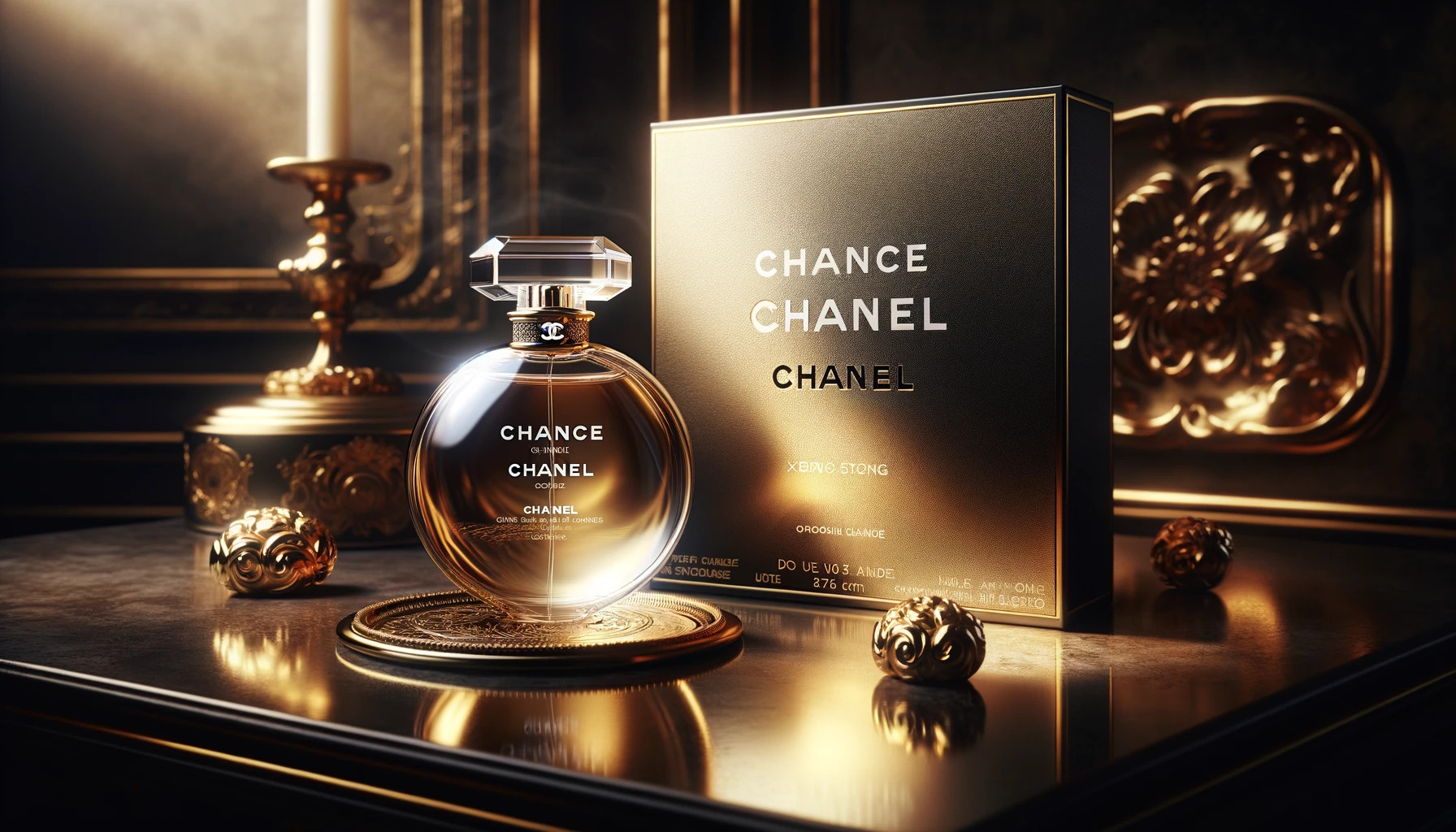 Изображение, включващо шише за парфюм Chanel Chance и нейната кутия, изложени в пищна и елегантна обстановка. Дизайнът улавя лукса и изтънчеността на марката Chanel.