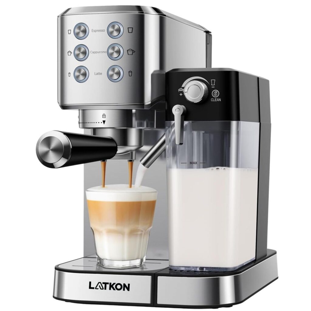 Еспресо машина Latkon CM5160, 20 бара, 1350 W, автоматично разпенване, съд за мляко 0,7 л