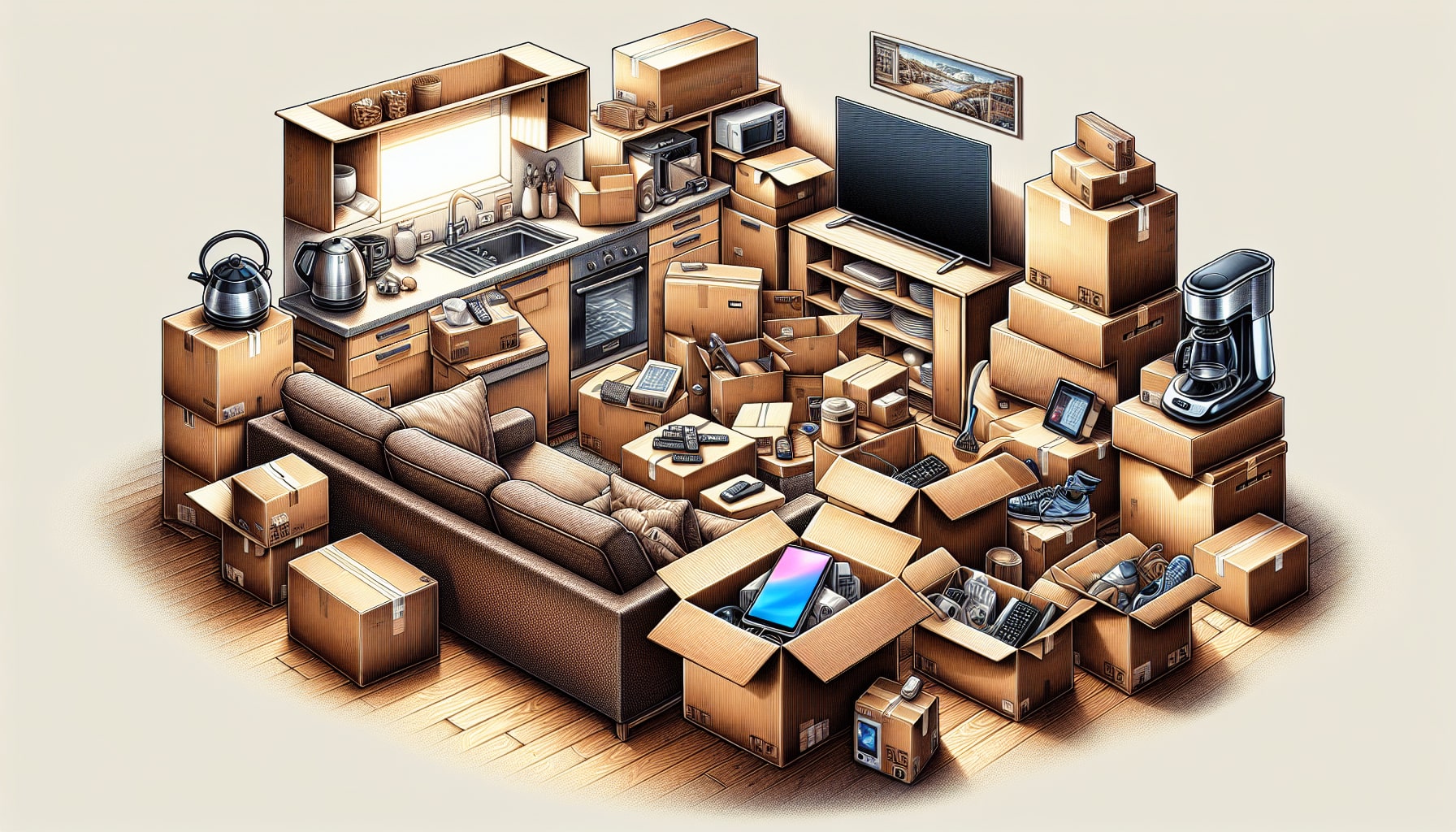 Пълна стая с разопаковани продукти