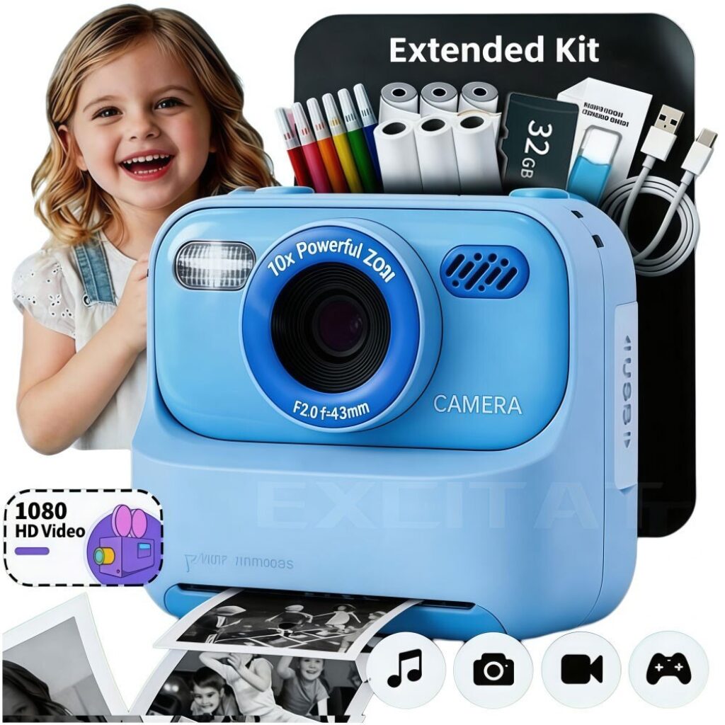 Детски моментален фотоапарат Excitat с термопечат, екран 2,4 инча, 32 GB, 6 ролки хартия, син