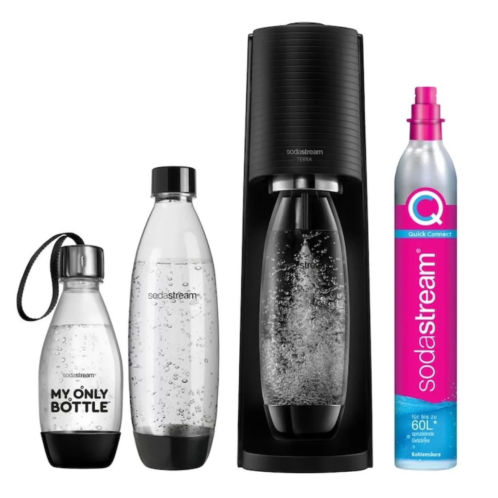 Машина за газирана вода: топ 5 модела SodaStream 4 SodaStream Terra Quick Connect (3 бутилки + патрон): Семеен комплект