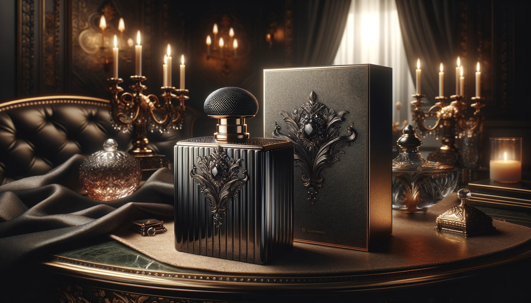 изображение на елегантен и луксозен флакон за парфюм Yves Saint Laurent - Black Opium и кутия, вдъхновени от модната естетика от висок клас