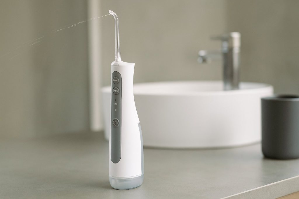 Зъбен душ на сив плот с водна струя и мивка на заден план.