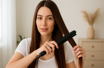 Жена изправя дълга кестенява коса с преса в светла стая