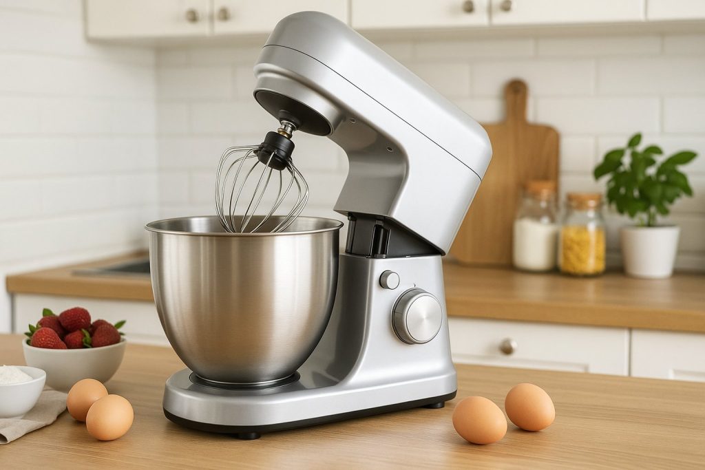 Сребрист планетарен миксер с купа от неръждаема стомана върху дървен кухненски плот, заобиколен от съставки