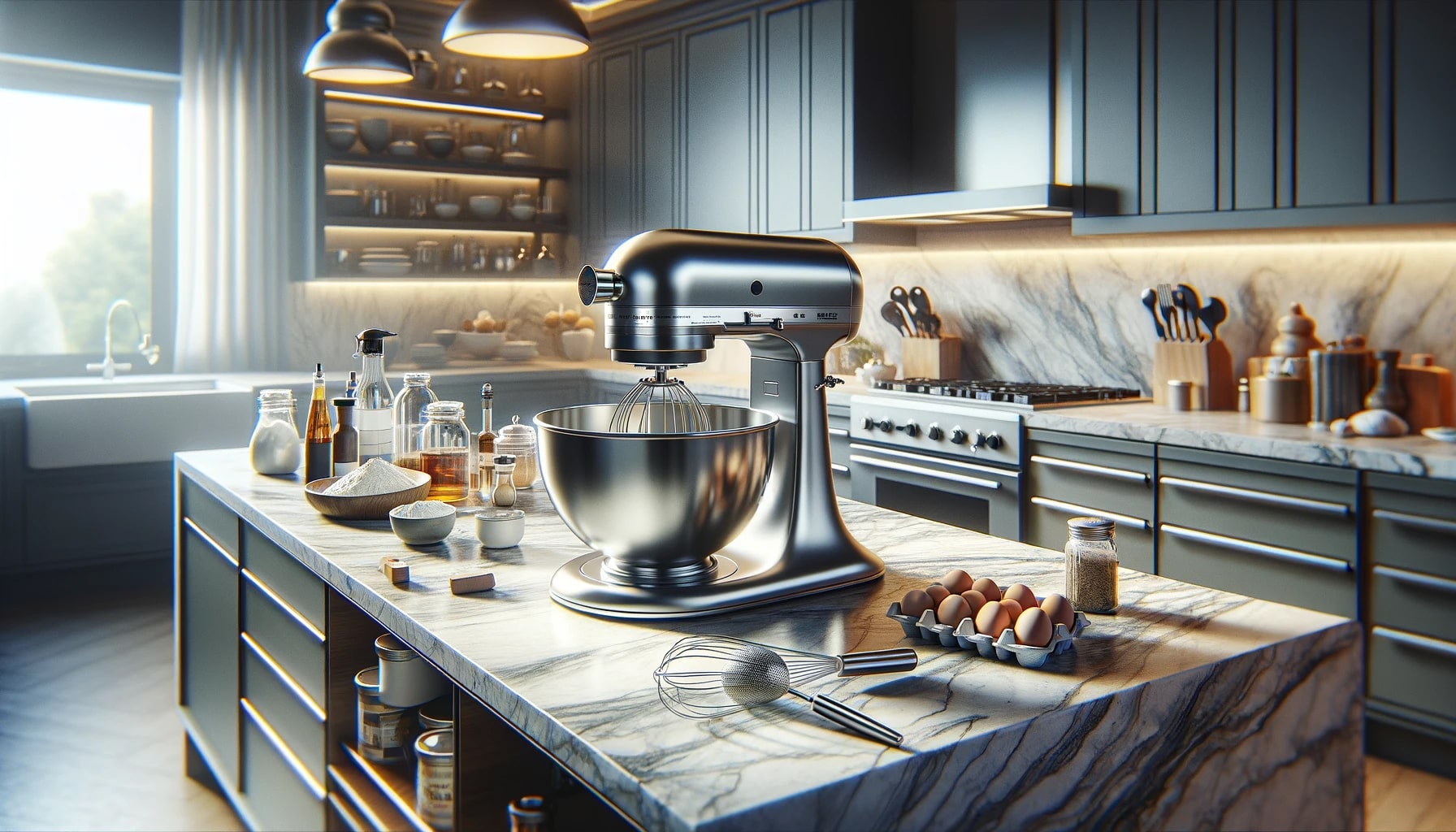 планетарен миксер върху кухненски плот, за да ви даде по-пълна представа за модерната кухненска обстановка