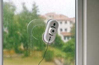 Робот за миене на прозорци, залепен на голям прозорец, почистващ с пяна и с видим външен пейзаж през стъклото.