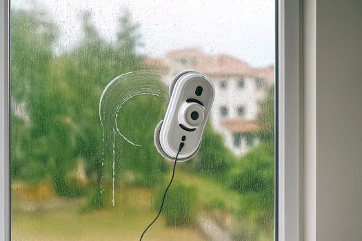 Робот за миене на прозорци, залепен на голям прозорец, почистващ с пяна и с видим външен пейзаж през стъклото.