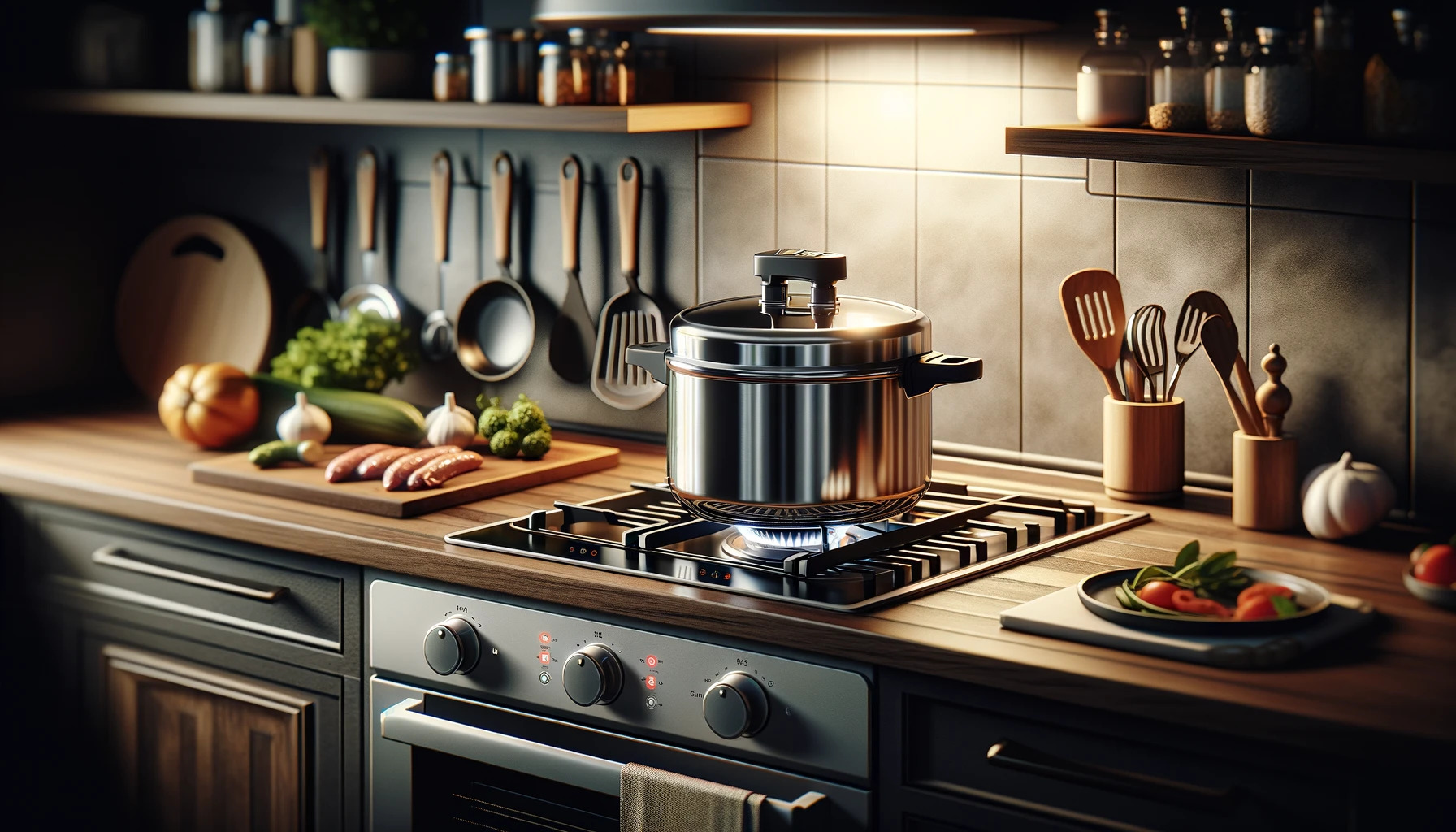 изображение на тенджера под налягане върху печка в кухнята