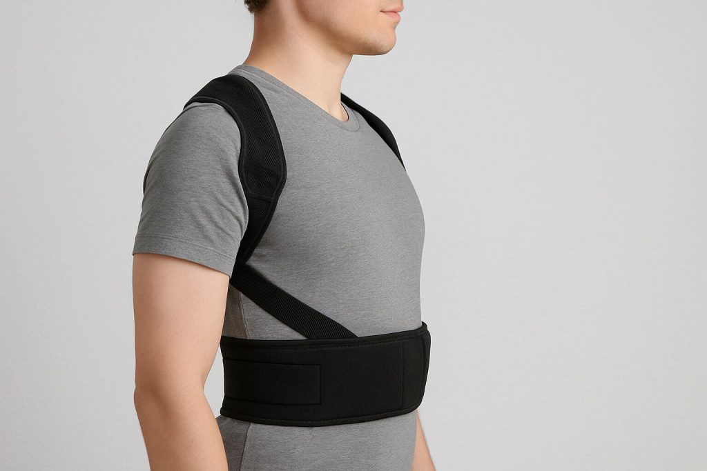 Мъж, облечен в сива тениска, носи черен коригиращ колан за изправена стойка, заснет в профил.