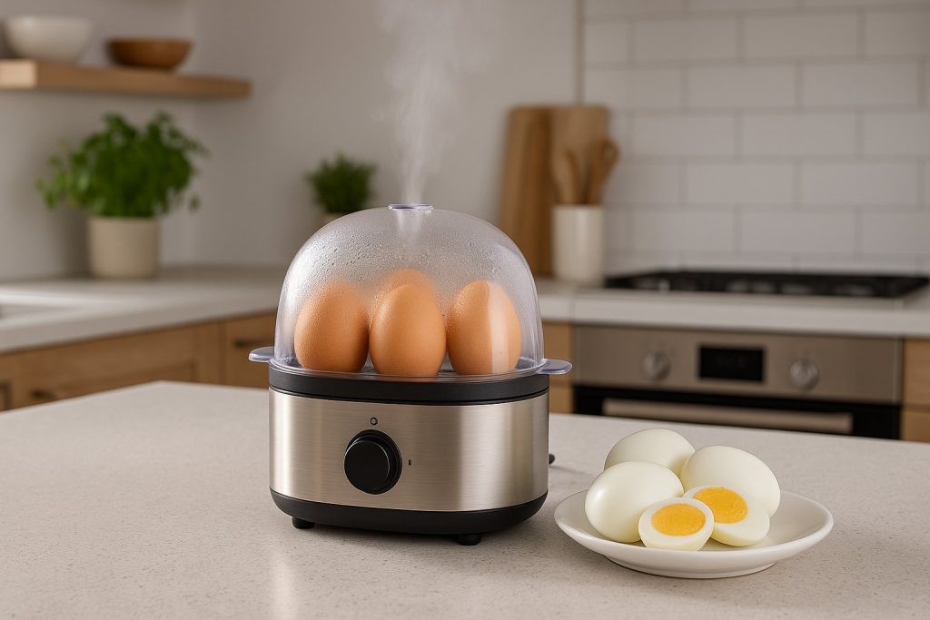 Яйцеварка с пара и обелени яйца до нея в модерна кухня.