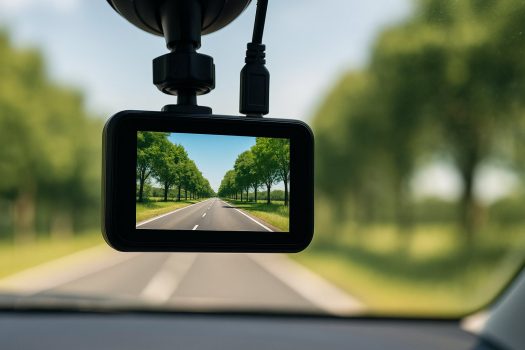Екран на видео регистратор за кола, монтиран на стъклото, с изглед към пътя.