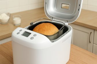 Бяла хлебопекарна пече златиста питка хляб в модерна кухня