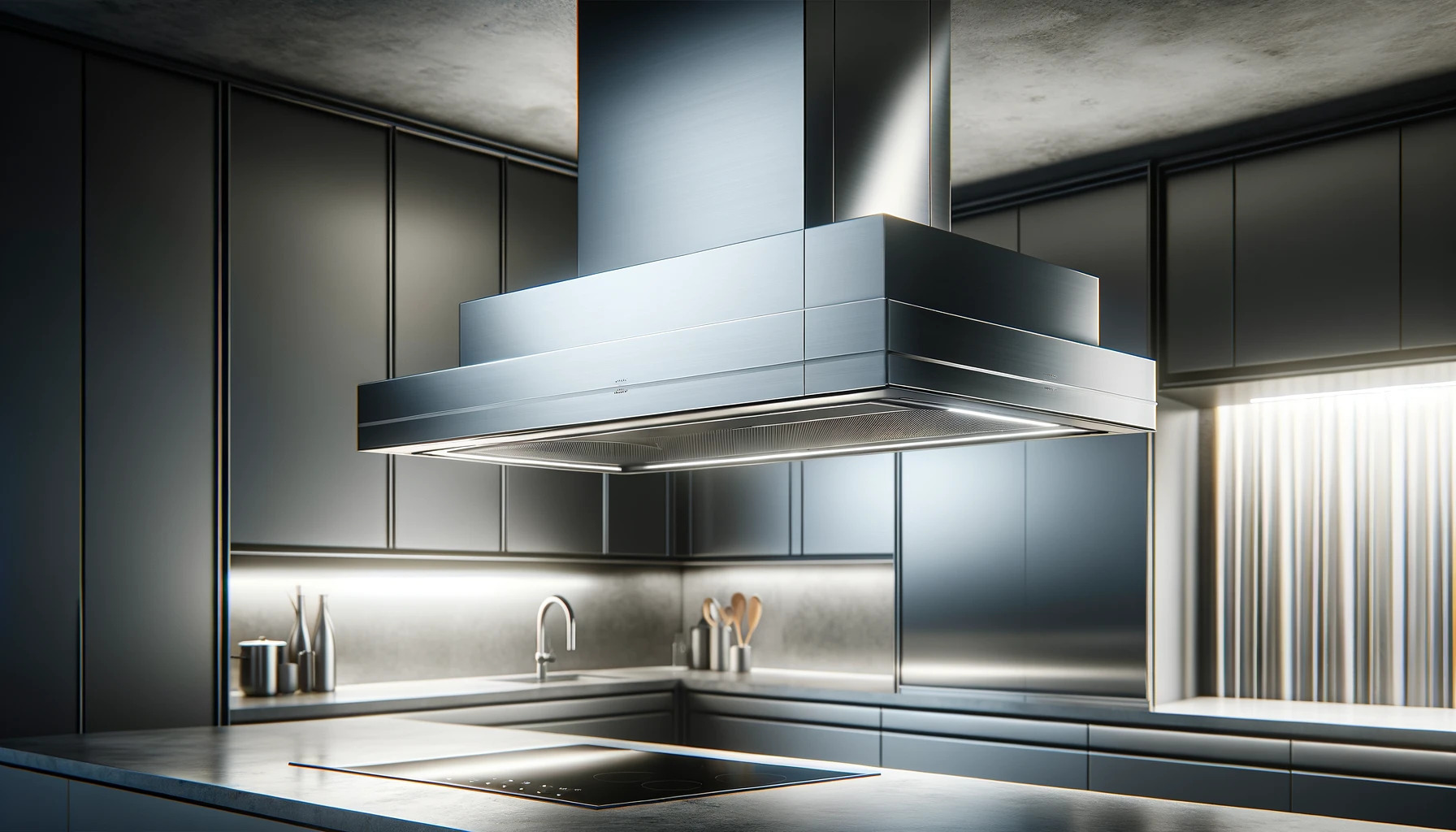 изображение на елегантен и модерен кухненски аспиратор, проектиран с минималистична и професионална естетика