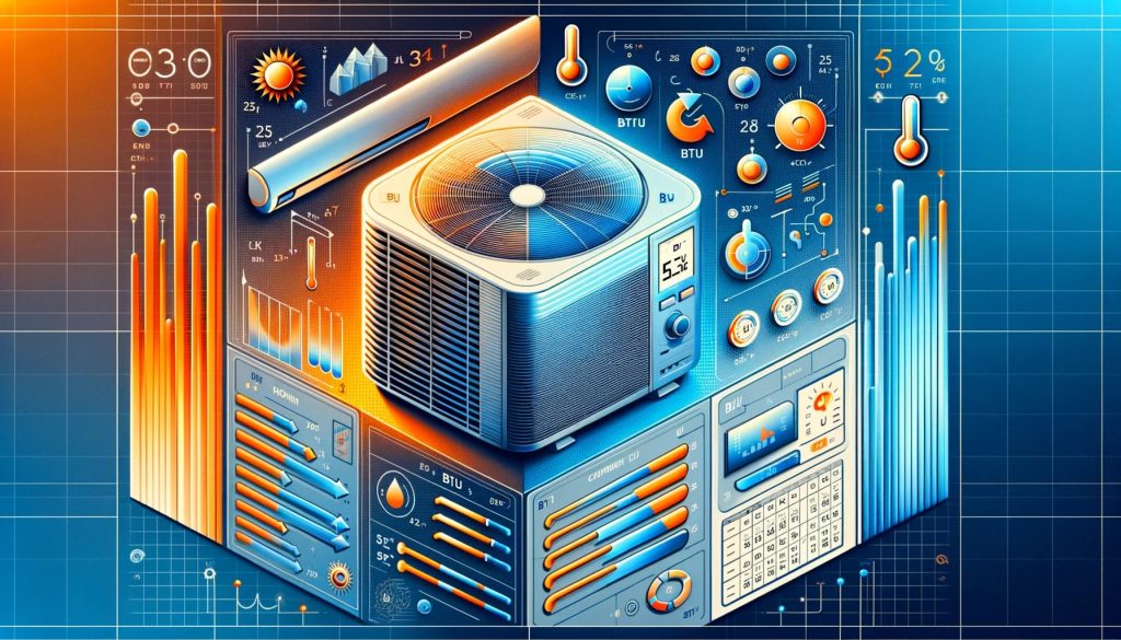 BTU (British Thermal Unit), включващ графично представяне и таблица със стойности за различни размери на помещения
