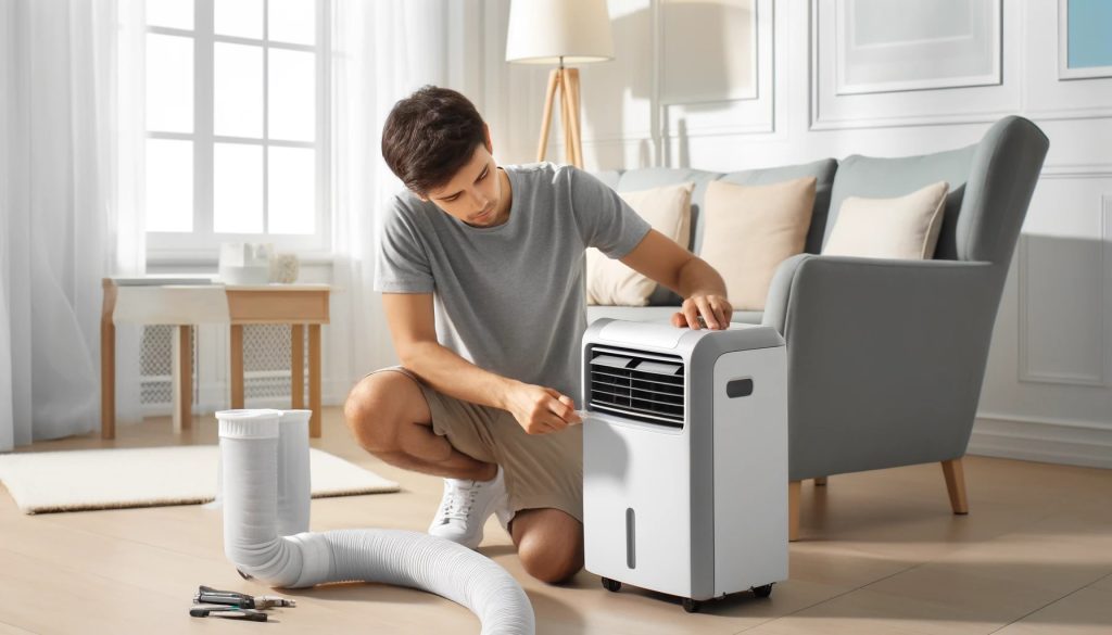 изображение на човек, който монтира за първи път мобилен климатик