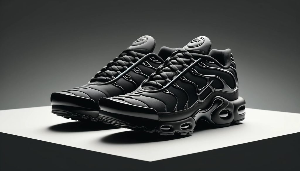 Чифт черни маратонки Nike Air Max Plus, показани във full HD. Маратонките са елегантни и модерни с отличителен вълнообразен дизайн в горната част