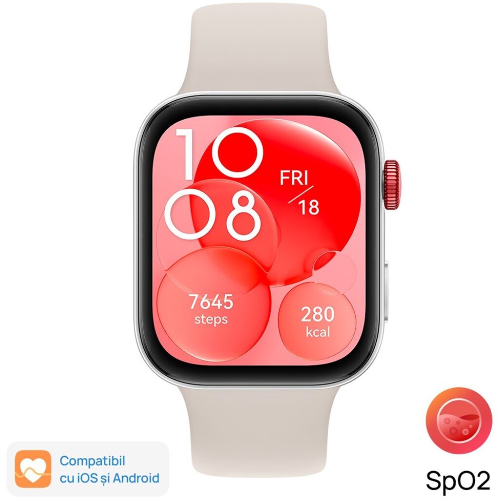 Смарт часовник Huawei Watch Fit 3, сребрист алуминиев корпус, бяла каишка
