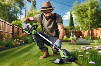 човек използва бензинов тример за трева в градината си