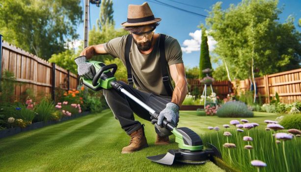 човек използва бензинов тример за трева в градината си