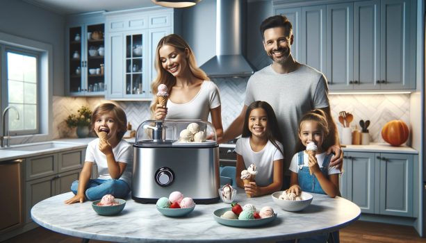 семейсво хапва сладолед направен от машина в домашни условия