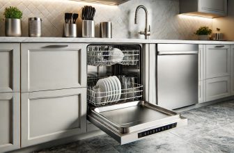 Снимка на кухня и снимка на отворена врата на вградена съдомиялна