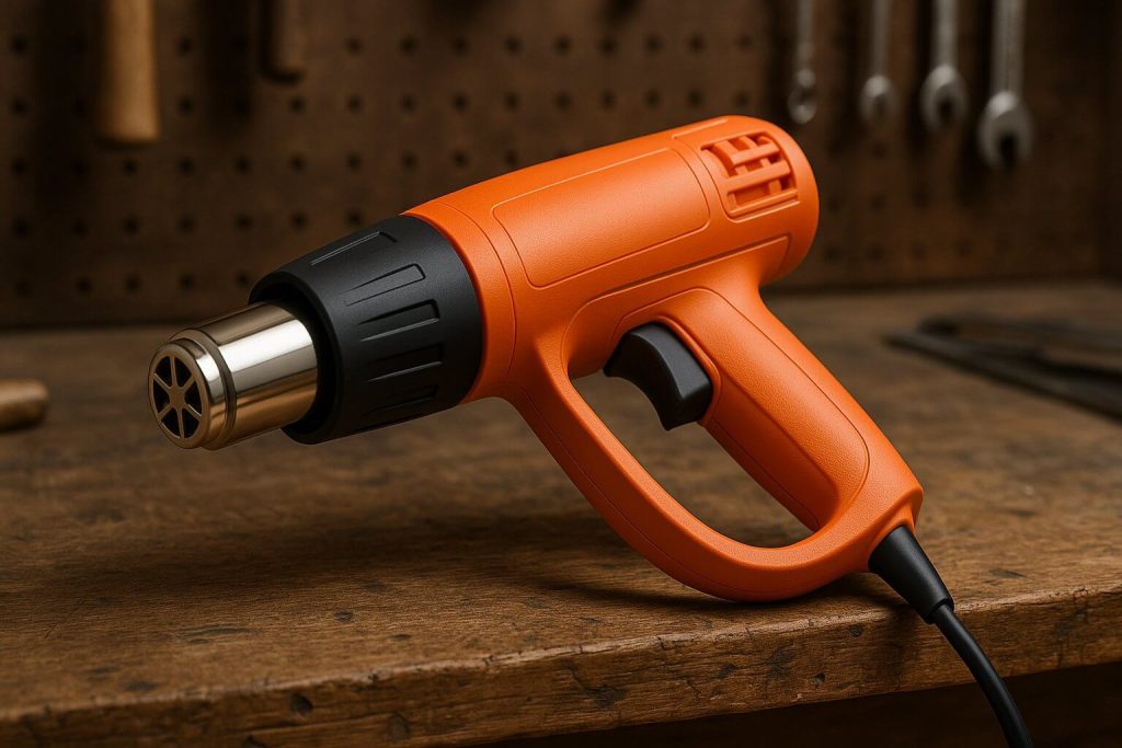 Оранжев пистолет за горещ въздух, поставен върху дървена работна маса с инструменти на заден фон в работилница.