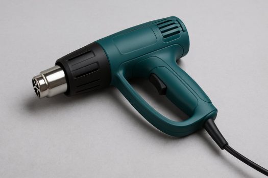 Зелен пистолет за горещ въздух с черна дюза и кабел, поставен върху светлосива повърхност.