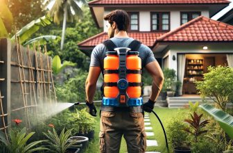 собственик на градина пръска разтения и посеви с акумулаторна пръскачка