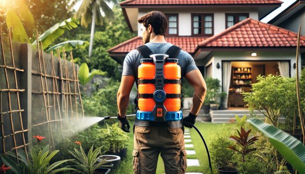 собственик на градина пръска разтения и посеви с акумулаторна пръскачка