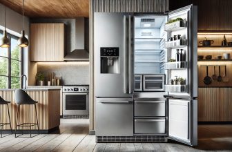 кухня и отворена врата на голям хладилник с фризер