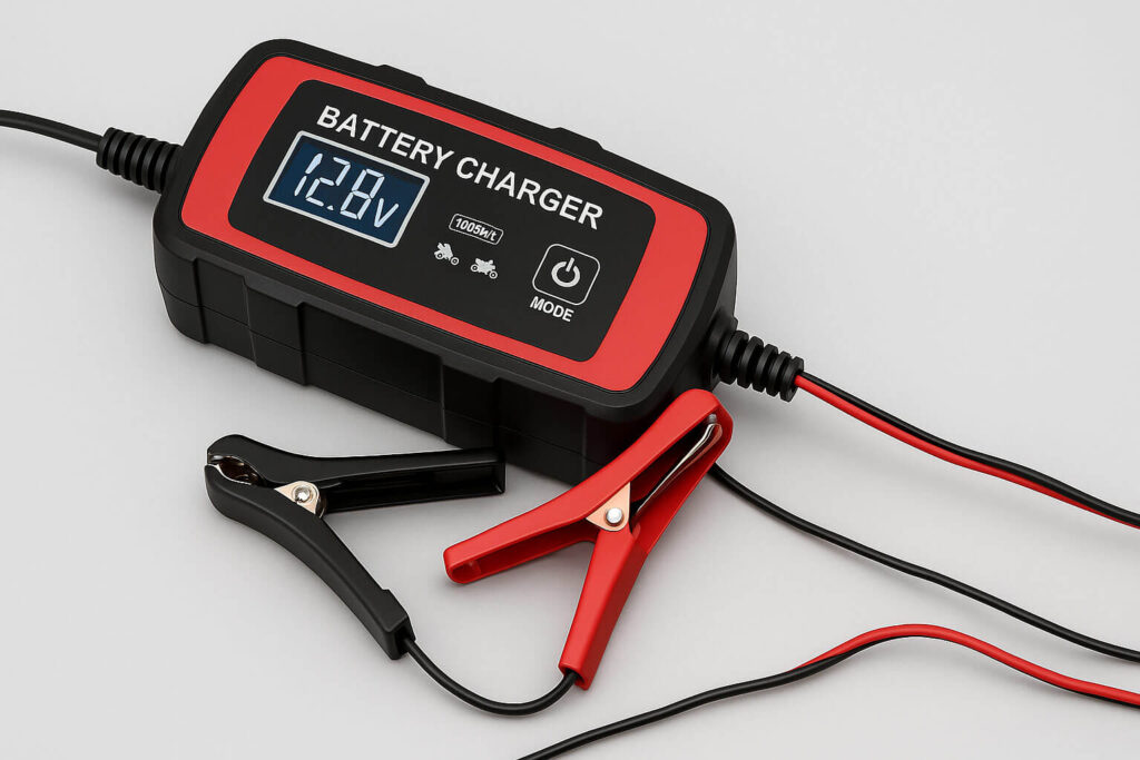 Червено-черно зарядно за акумулатор с цифров дисплей и щипки, поставено върху светлосив фон