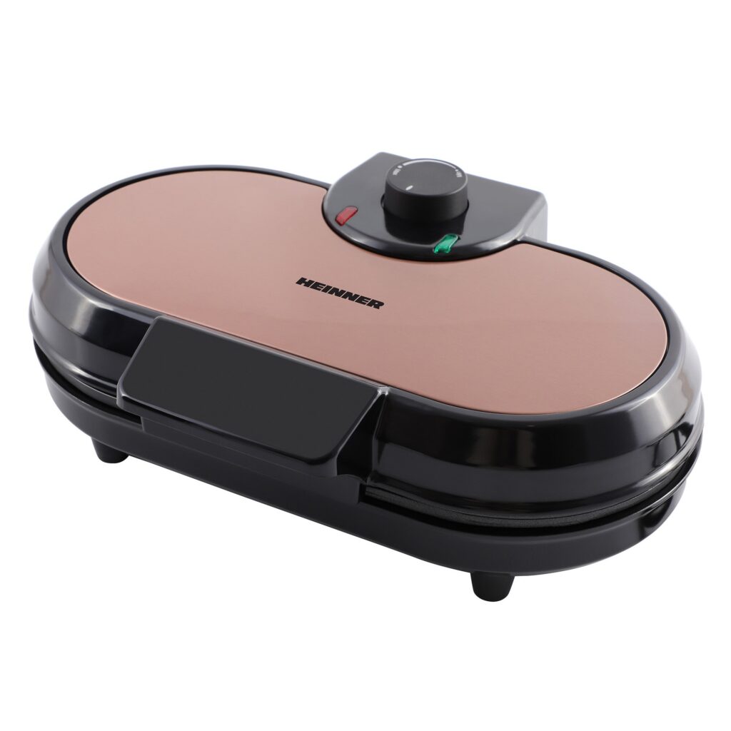 Гофретник Heinner Copper Crown HWF-1000CR, 1000W, Бутон за регулиране на температурата, Плочи с незалепващо покритие, Плочи за гофрети: 13.97 см, Черен/Мед
