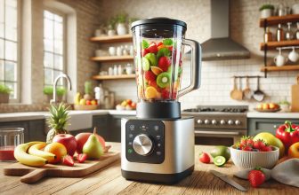 Блендер поставен на кухненски плот зареден с плодове готов да направи смиту