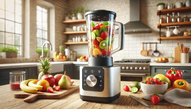 Блендер поставен на кухненски плот зареден с плодове готов да направи смиту