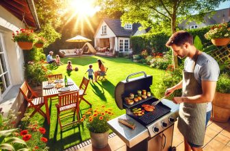 Баща приготвя месо на газово барбекю в двора си