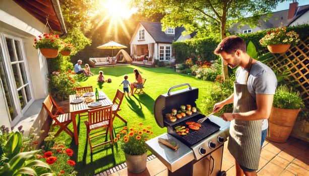 Баща приготвя месо на газово барбекю в двора си