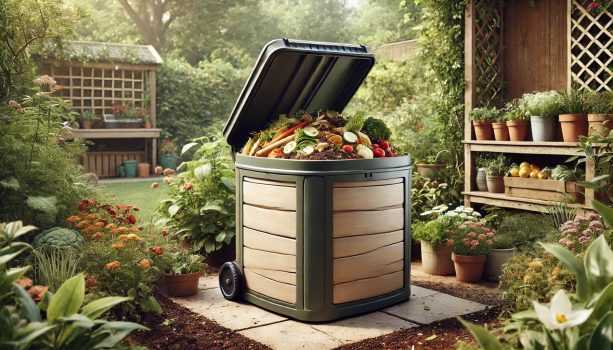 пълен компостер позициониран в домашна градина
