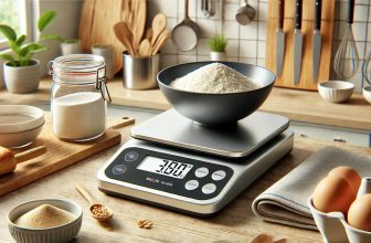 кухненска везна, измерва брашно и е поставена върху кухненски плот