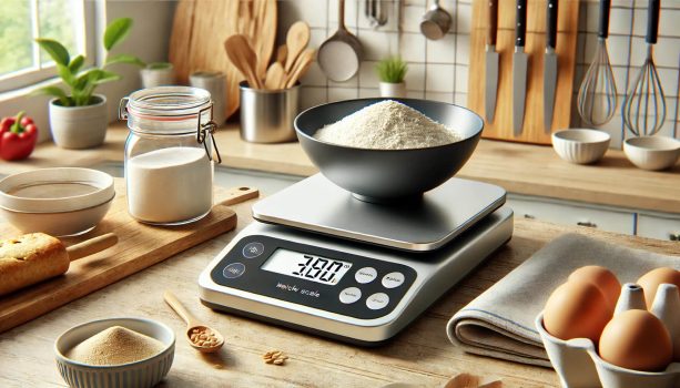 кухненска везна, измерва брашно и е поставена върху кухненски плот