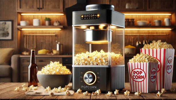 току-що приготвани пуканки в купа и машината за пуканки, които ги е направила