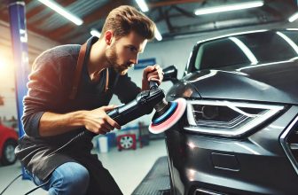 Мъж полира боята на автомобила си с полираща машина в гаража си