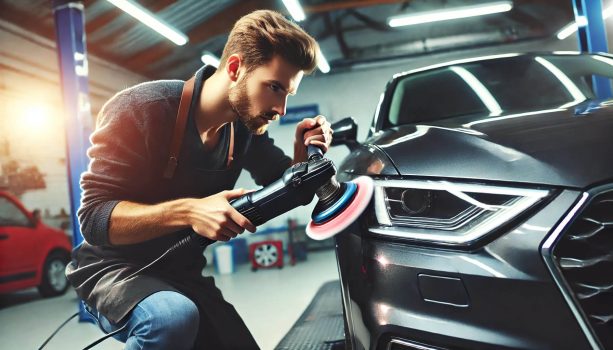 Мъж полира боята на автомобила си с полираща машина в гаража си