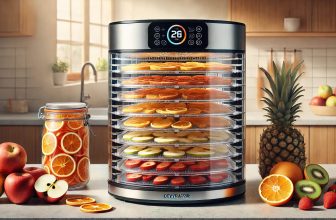 уред за сушене на плодове върху кухненски плот и плодове около него