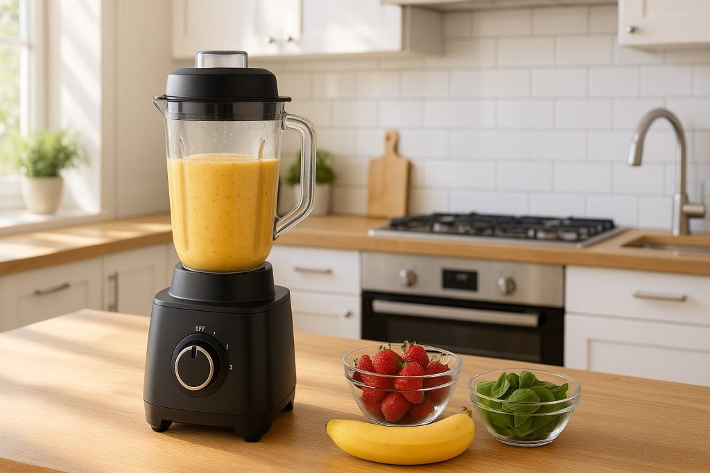 Черен блендер със смути стои на кухненски плот до купички с ягоди, банан и спанак в слънчева модерна кухня с бели шкафове и дървен плот.