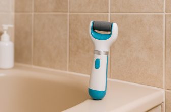 Бяла и синя електрическа пила за пети, поставена върху ръба на вана пред бежови плочки в баня.