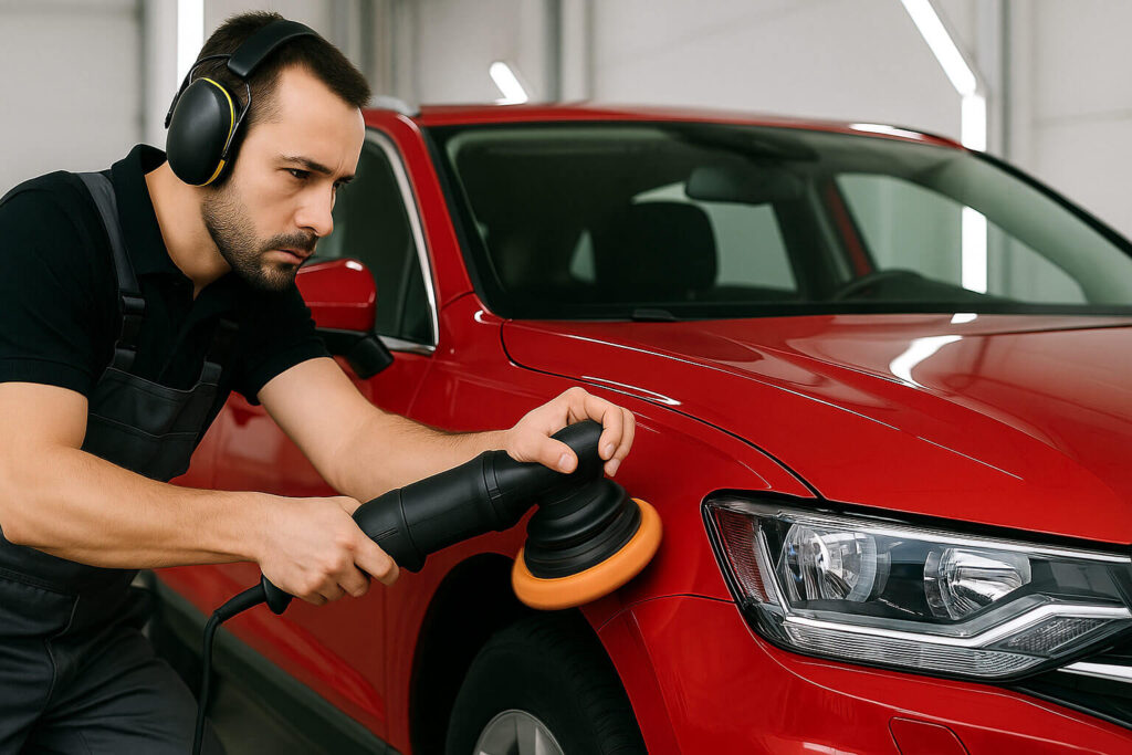 Мъж полира лаковото покритие на червена кола с машина,